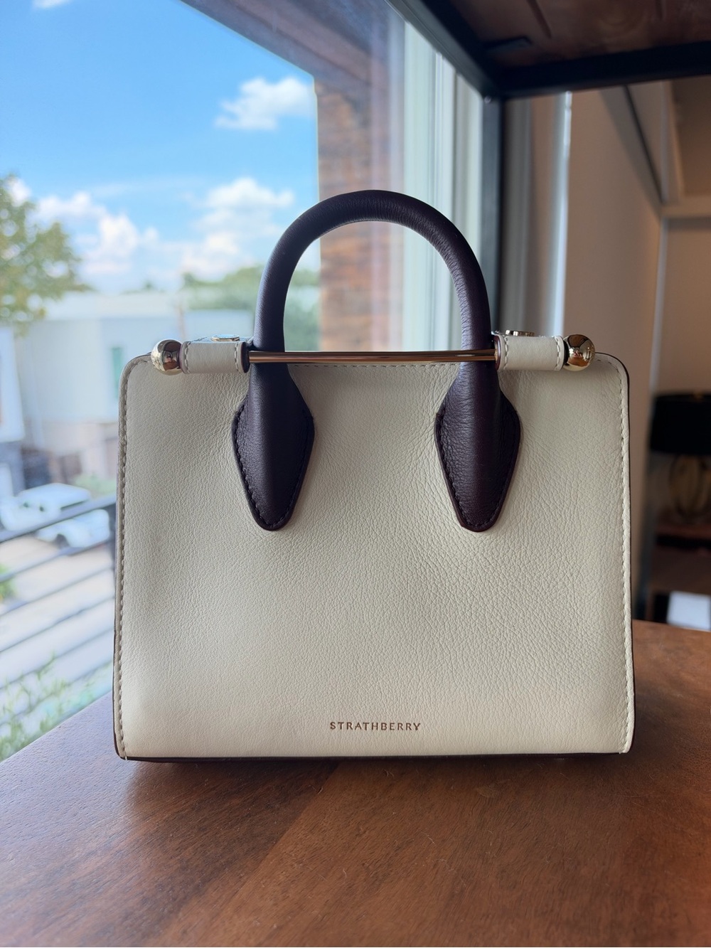 Strathberry Multicolor Cream Mini Tote with Brown Handles